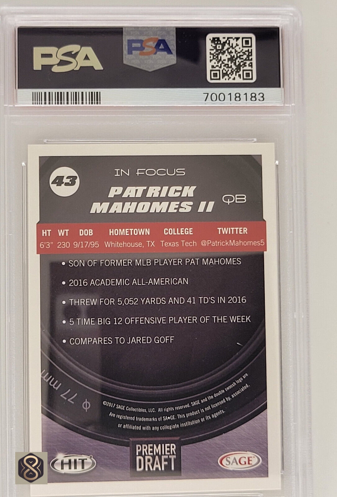 2017SageHitPremiumDraftsGoldPatrickMahomesII43PSA8MINTRookieRC_2