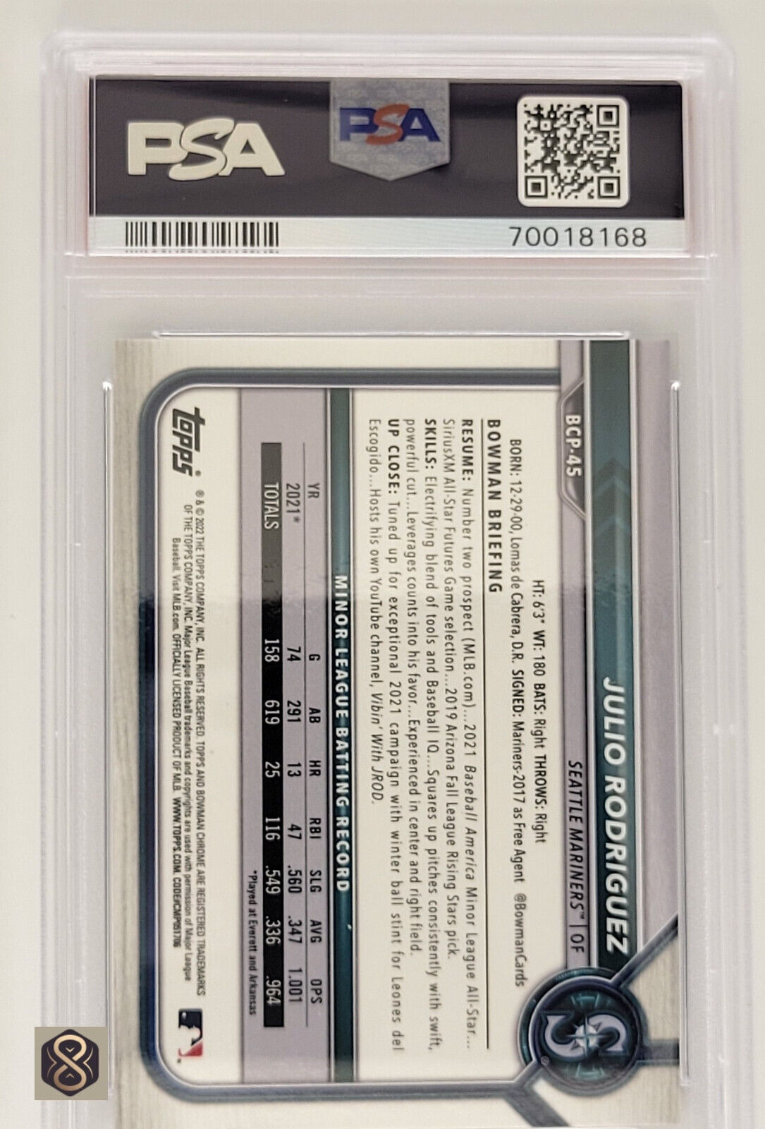 2022BowmanChromeBlueRefractJulioRodriguezProspectChromeBCP45PSA9MT_2